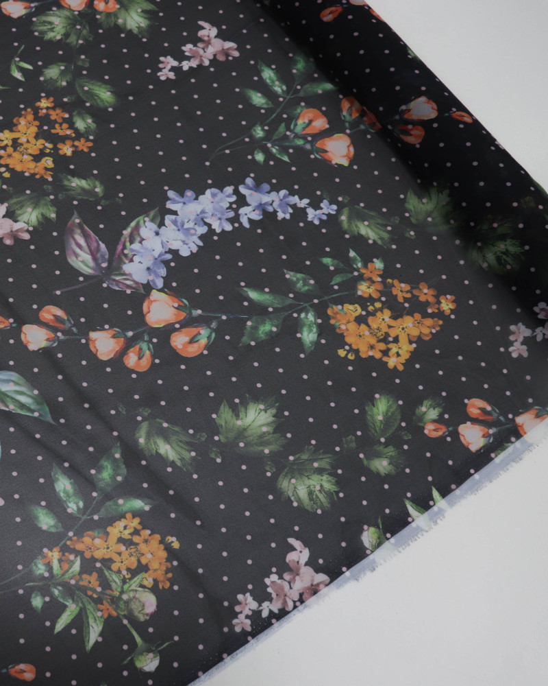 Tecido Crepe Chiffon Italiano Micro Poá Rosa e Ramos Florais Colorido e Preto