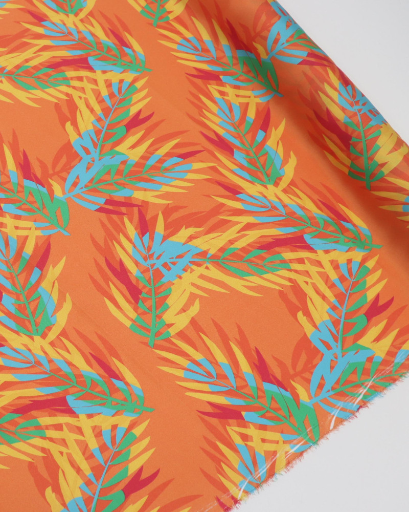 Tecido Crepe Silk Italiano Folhagens Coloridas e Laranja
