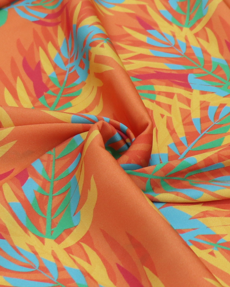Tecido Crepe Silk Italiano Folhagens Coloridas e Laranja