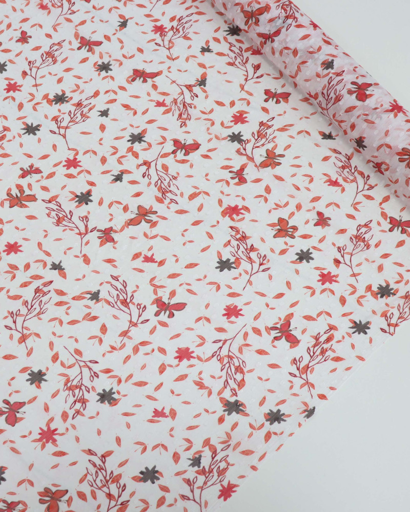 Tecido Crepe Chiffon Italiano Brocado Folhas e Ramos Vermelho e Branco