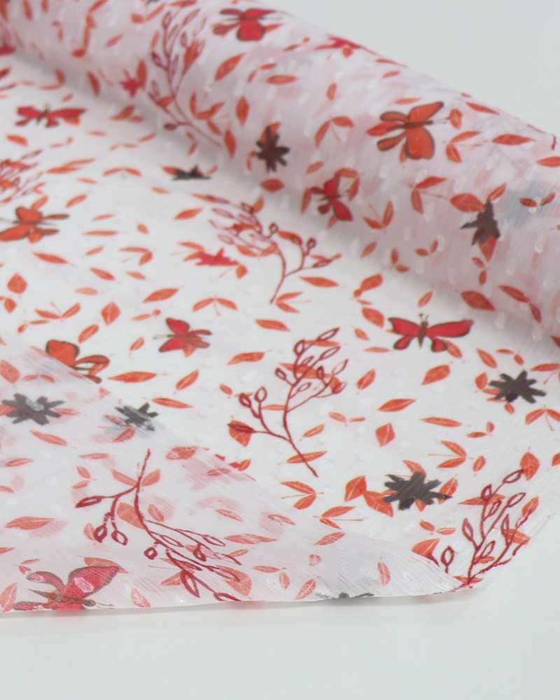Tecido Crepe Chiffon Italiano Brocado Folhas e Ramos Vermelho e Branco