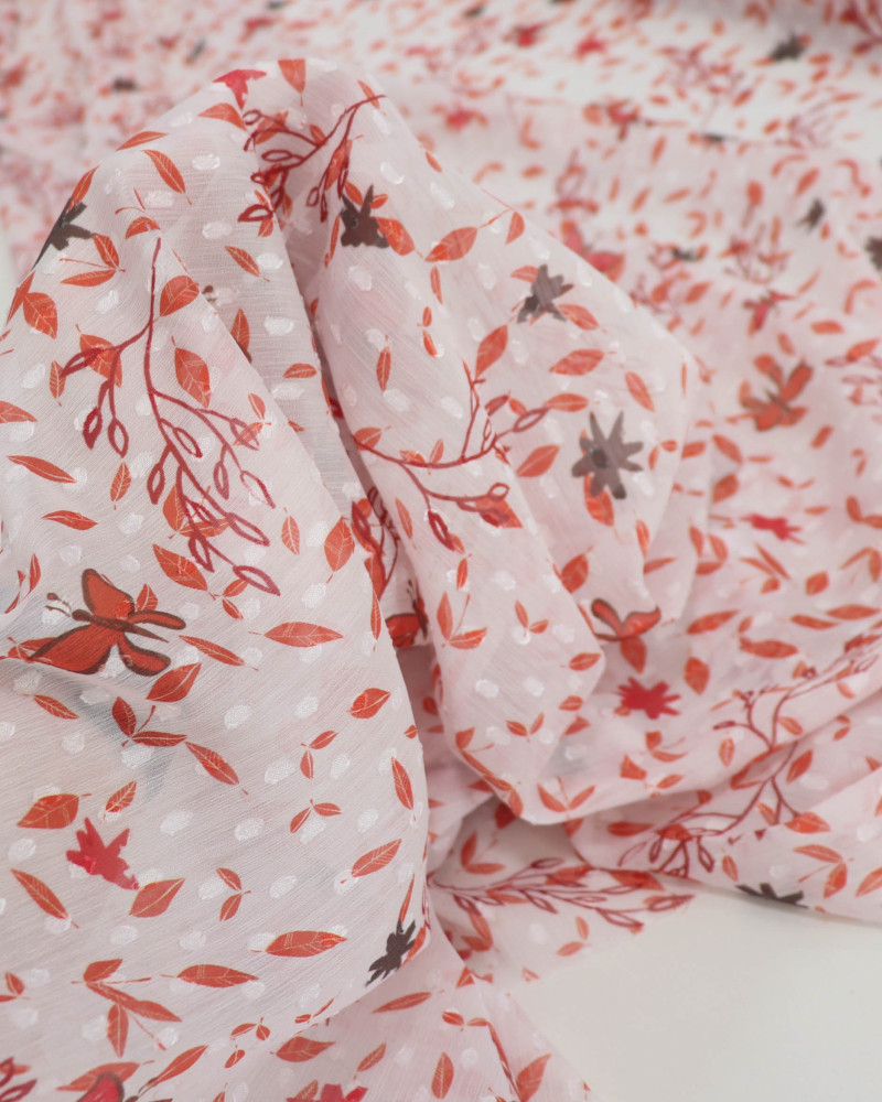 Tecido Crepe Chiffon Italiano Brocado Folhas e Ramos Vermelho e Branco