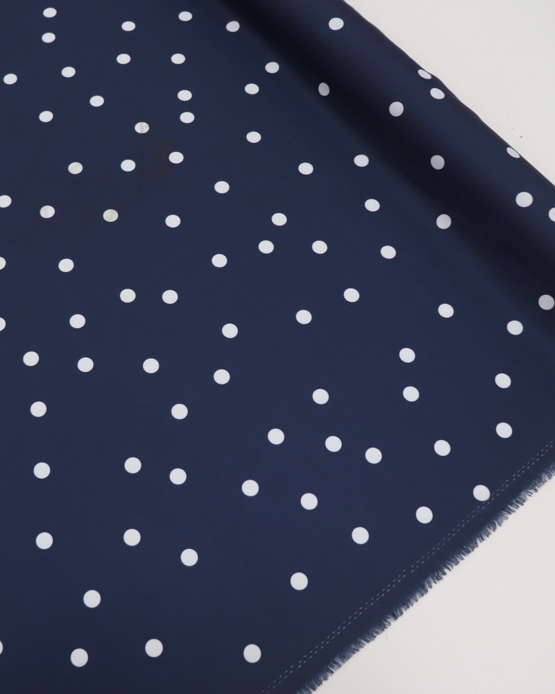 Tecido Crepe de Alfaiataria Italiano Poá Branco e Azul Marinho Noite