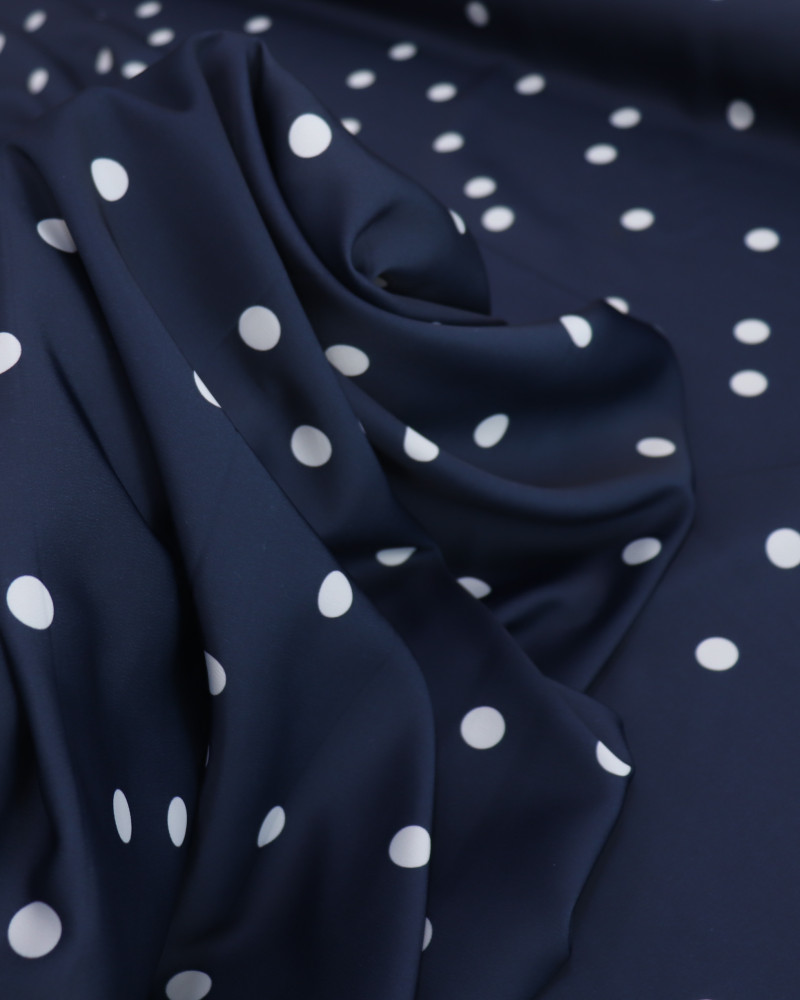 Tecido Crepe de Alfaiataria Italiano Poá Branco e Azul Marinho Noite