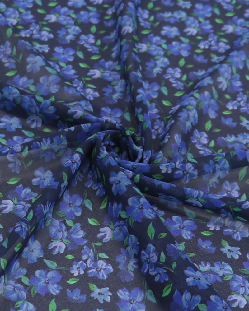 Tecido Crepe Chiffon Italiano Tapete Floral Verde, Azul e Preto
