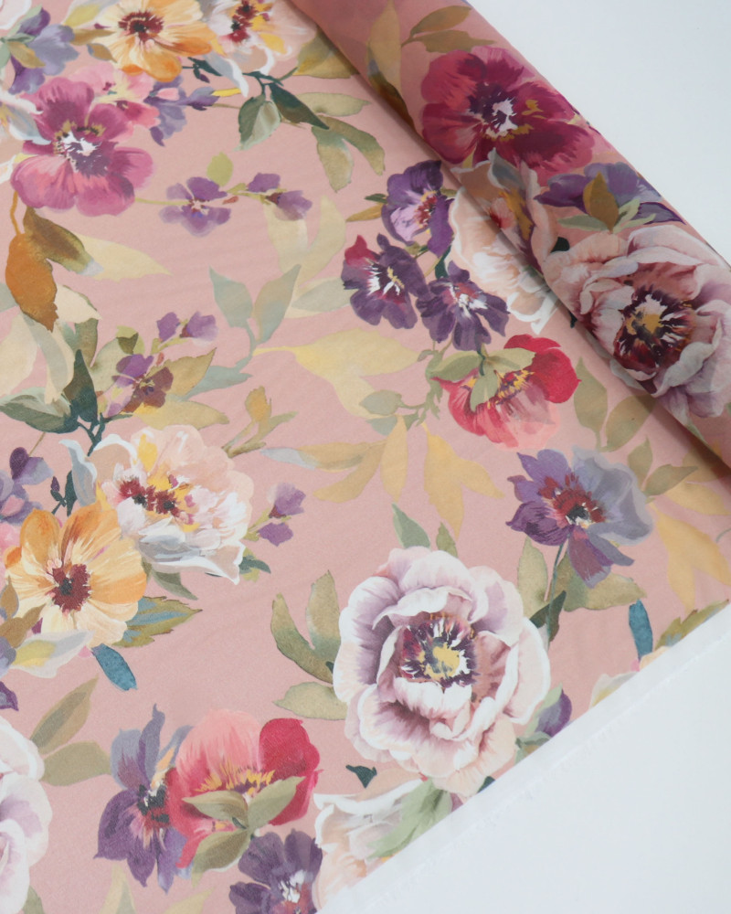 Tecido Crepe Chiffon Italiano Pintura Floral Colorido e Rosé