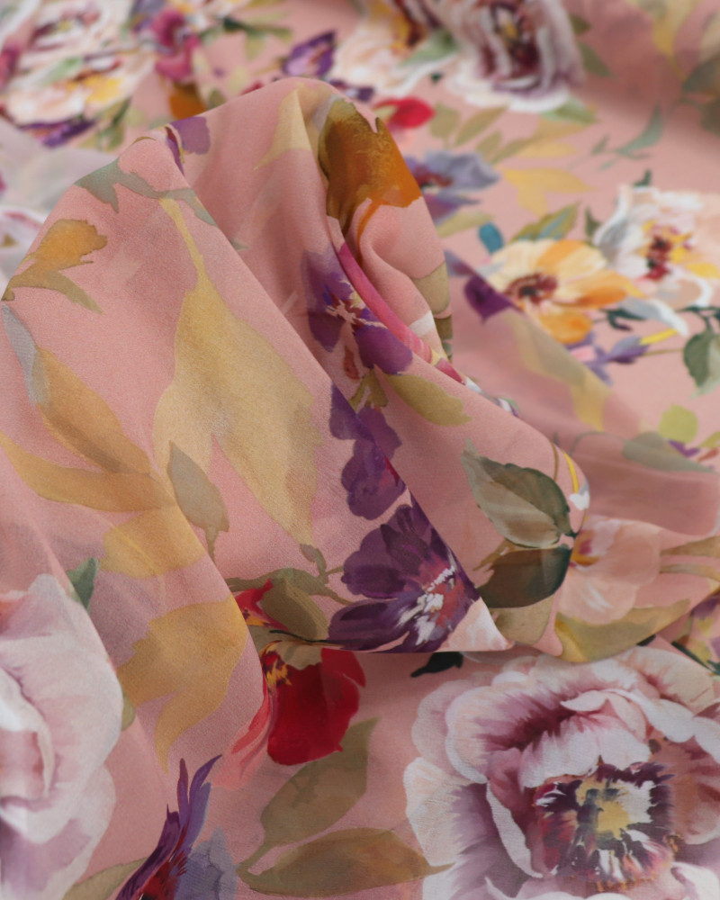 Tecido Crepe Chiffon Italiano Pintura Floral Colorido e Rosé