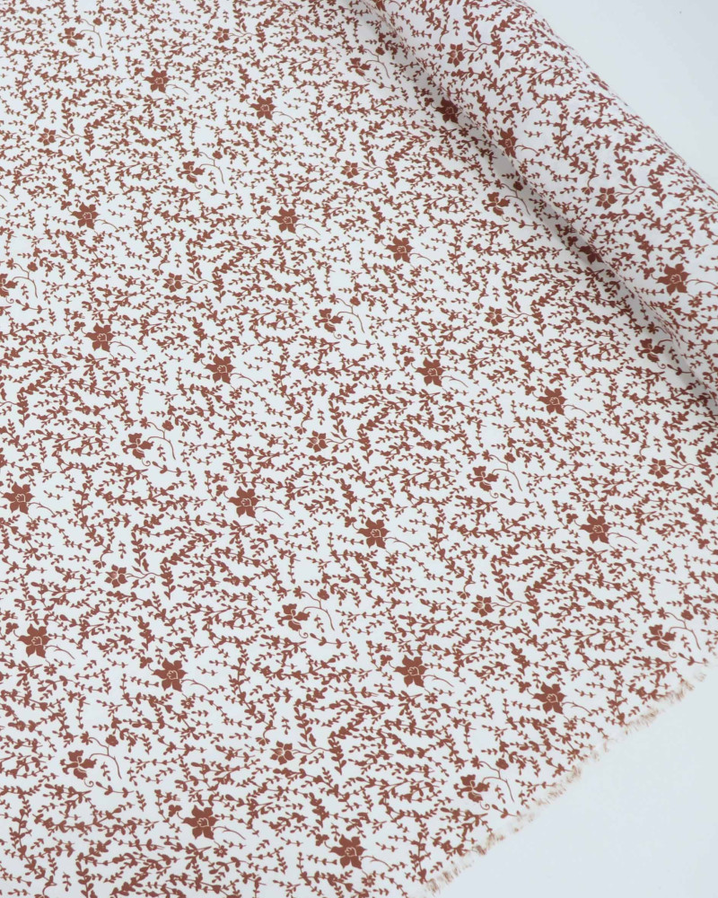 Tecido Crepe de Viscose Italiano Micro Ramos e Flores Marrom e Branco