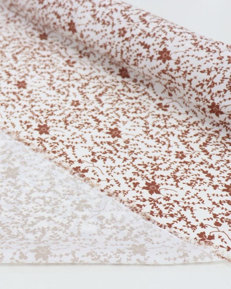 Tecido Crepe de Viscose Italiano Micro Ramos e Flores Marrom e Branco