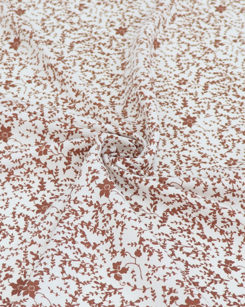 Tecido Crepe de Viscose Italiano Micro Ramos e Flores Marrom e Branco