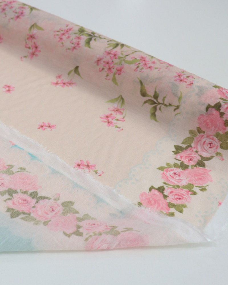 Tecido Cambraia Mista Italiano Estampa Lenço Barrado Duplo Floral Colorido (1,47m x 1,05m)