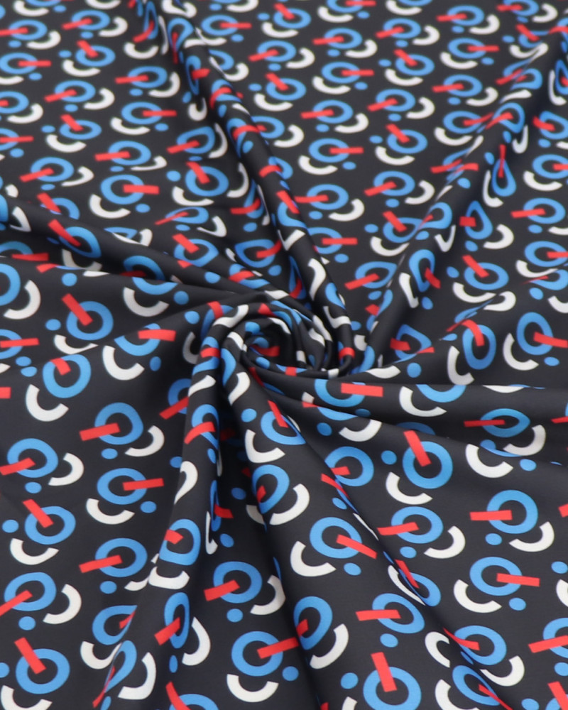 Tecido Microfibra de Alfaiataria Italiano Estampa Geométrica Azul, Vermelho, Branco e Preto