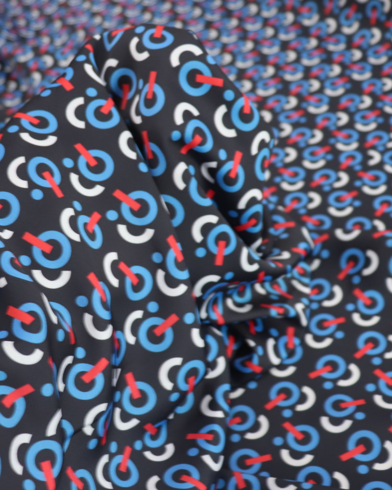 Tecido Microfibra de Alfaiataria Italiano Estampa Geométrica Azul, Vermelho, Branco e Preto