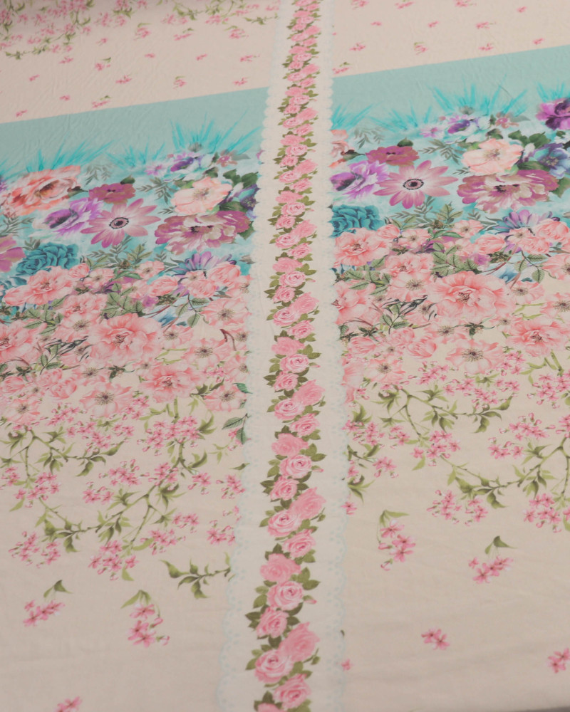 Tecido Cambraia Mista Italiano Estampa Lenço Barrado Duplo Floral Colorido (1,47m x 1,05m)