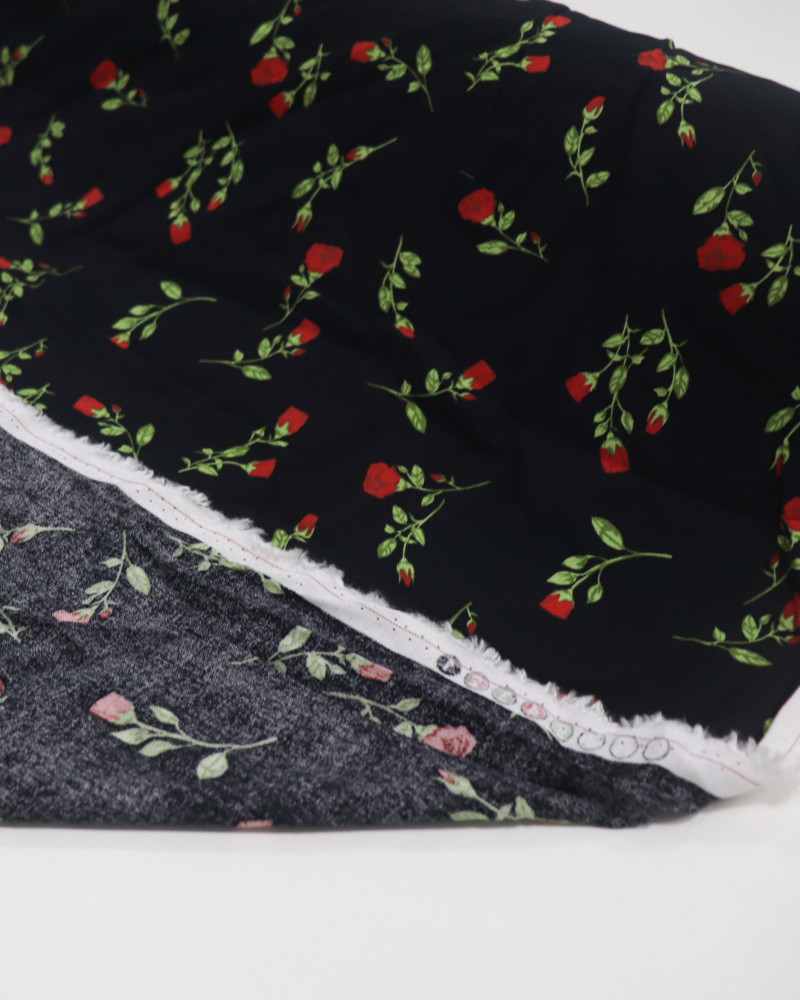 Tecido Viscose Mini Rosas Verde, Vermelho e Preto