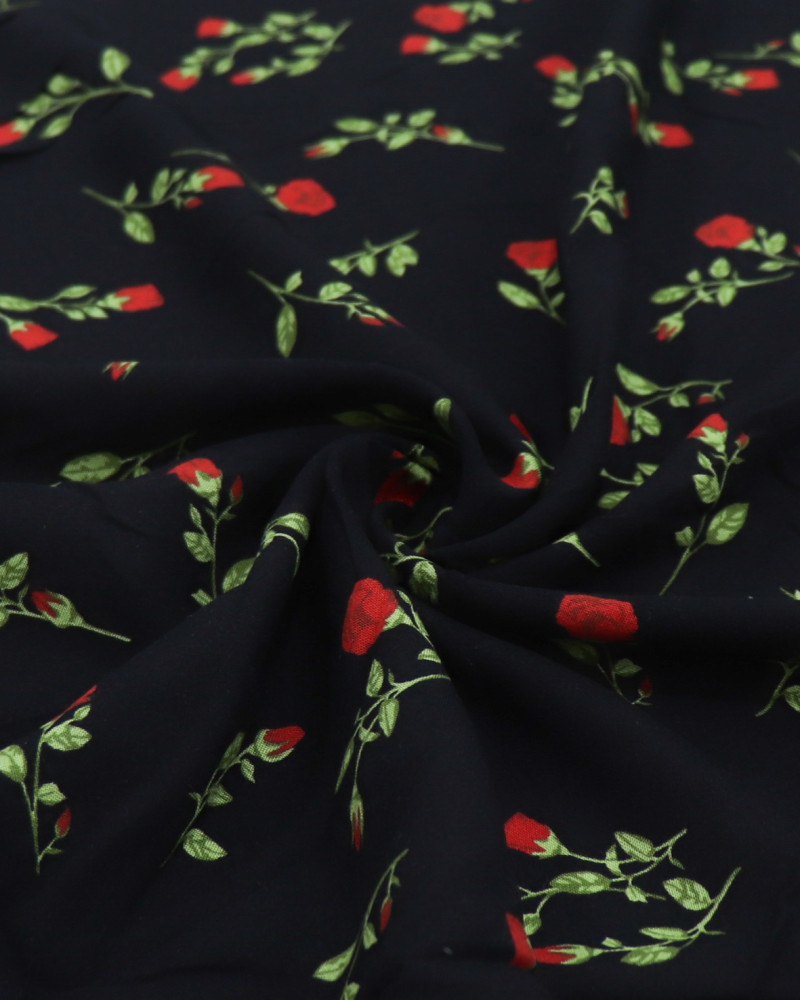 Tecido Viscose Mini Rosas Verde, Vermelho e Preto