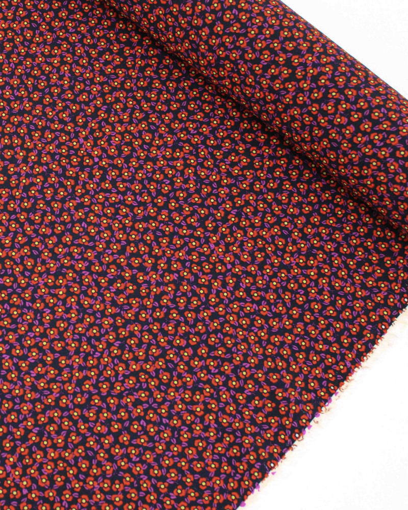 Tecido Crepe de Viscose Italiano Micro Tapete Floral Amarelo, Vermelho e Preto