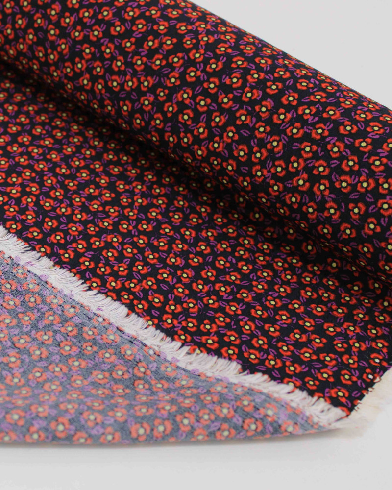 Tecido Crepe de Viscose Italiano Micro Tapete Floral Amarelo, Vermelho e Preto