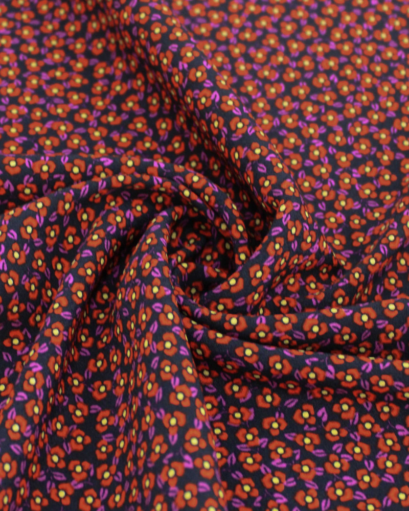 Tecido Crepe de Viscose Italiano Micro Tapete Floral Amarelo, Vermelho e Preto