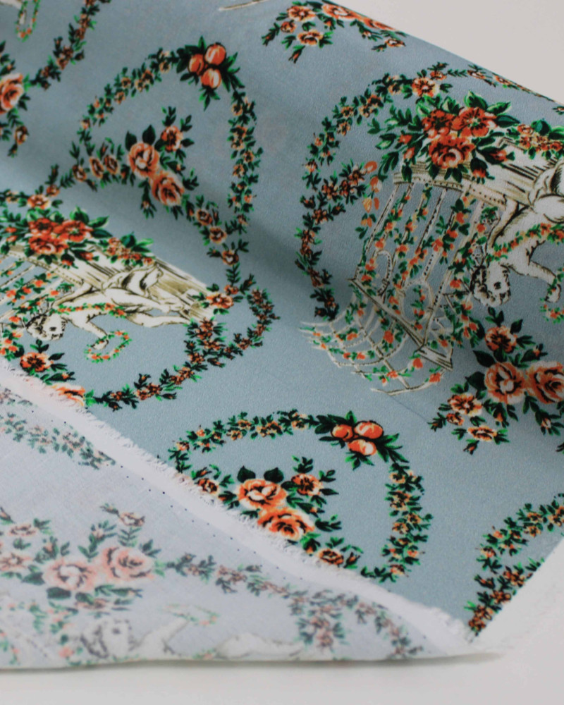 Tecido Crepe de Viscose Italiano Escultura e Flores Colorido e Azul Turquesa