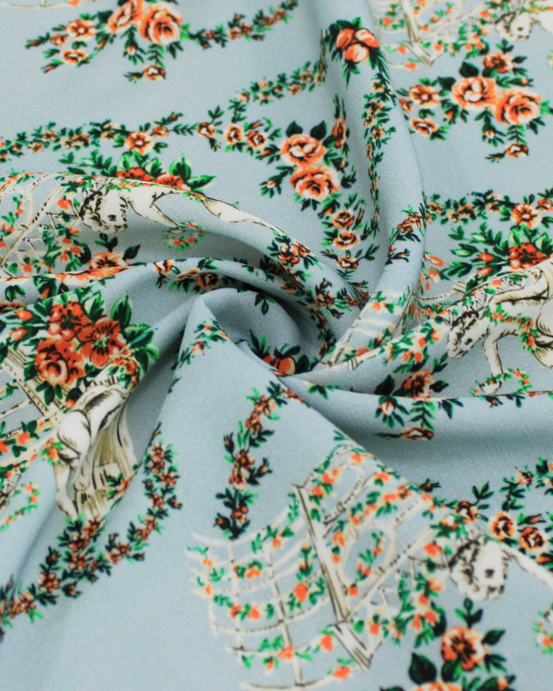 Tecido Crepe de Viscose Italiano Escultura e Flores Colorido e Azul Turquesa