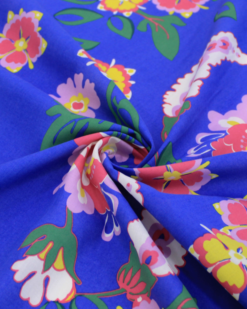 Tecido Tricoline Italiano Ramos Florais Verde, Tons de Rosa e Azul