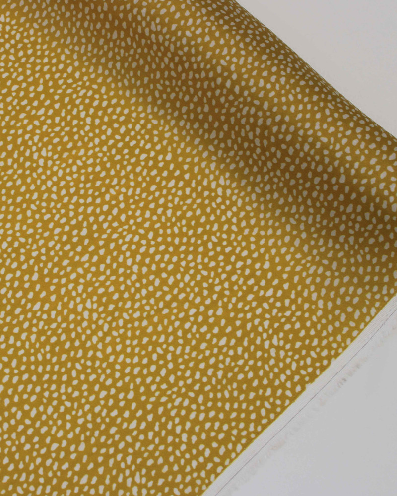 Tecido Viscose Acetinada Italiano Micro Pingos Irregulares Offwhie e Amarelo Mostarda