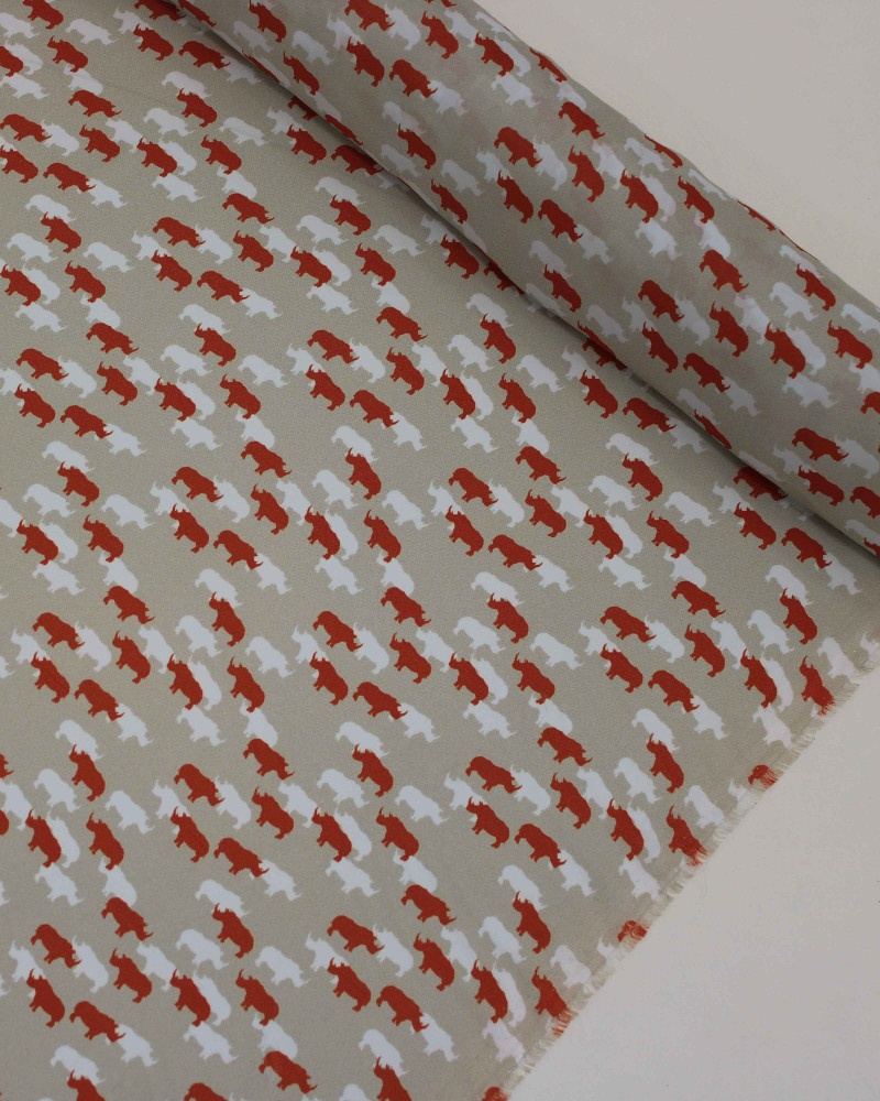 Tecido Crepe Silk Italiano Rinocerontes Branco, Laranja e Bege