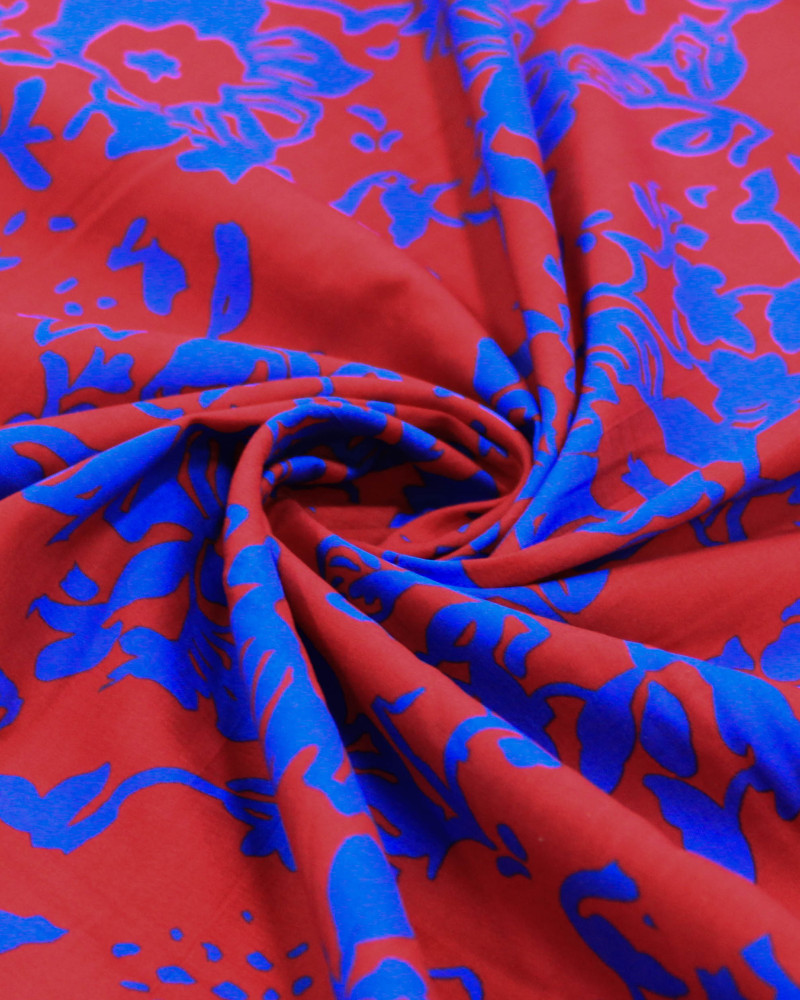 Tecido Tricoline Italiano Campo Floral Abstrato Azul e Vermelho