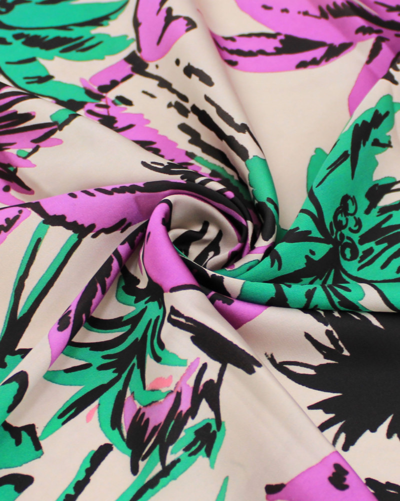 Tecido Crepe Silk Italiano Estampa Tropical Abstrata Verde, Roxo e Rosé