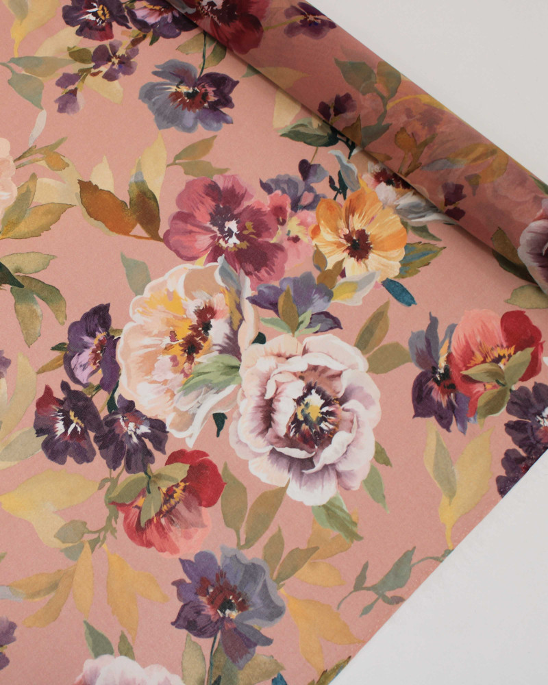 Tecido Crepe Chiffon Italiano Macro Pintura Floral Colorido e Rosa Chá