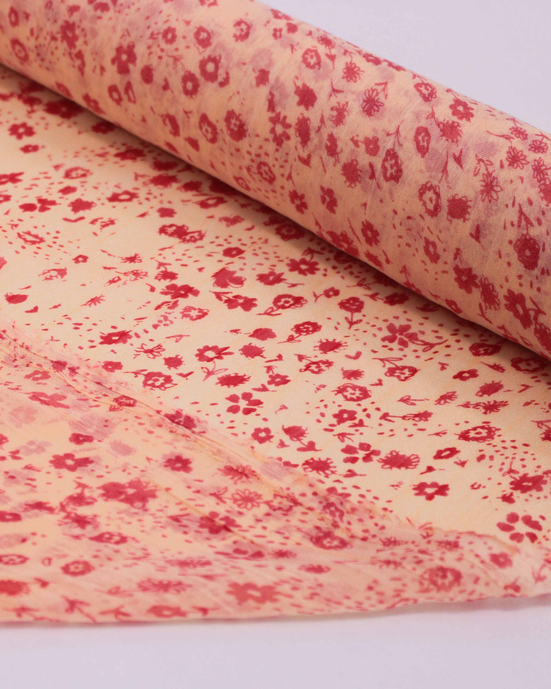 Tecido Crepe Chiffon Italiano Micro Tapete Floral Rosa Pink e Creme