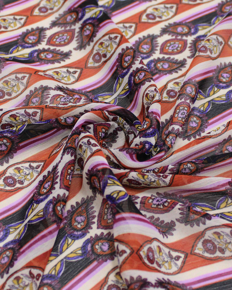 Tecido Crepe Chiffon Texturizado Italiano Listras Estampadas Roxo, Vermelho e Creme