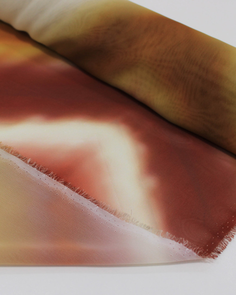 Tecido Crepe Chiffon Italiano Listras Verticais Irregulares Tons Terrosos e Creme