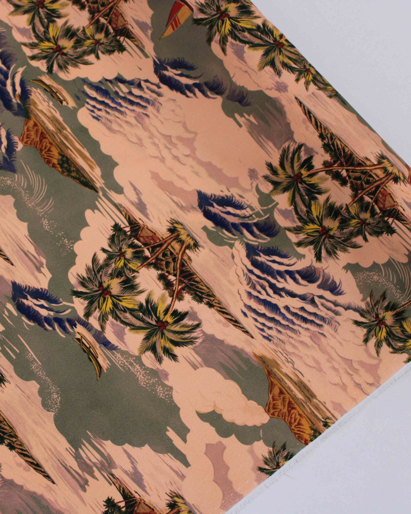 Tecido Sarja Italiano Ilhas Tropicais Colorido e Rosé