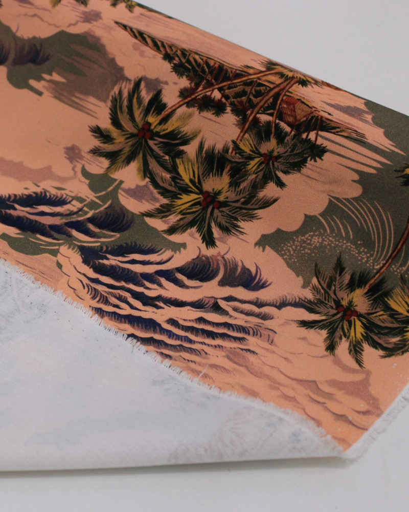 Tecido Sarja Italiano Ilhas Tropicais Colorido e Rosé