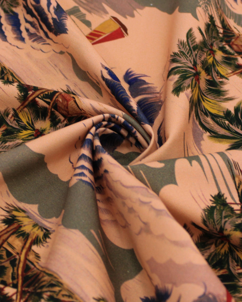 Tecido Sarja Italiano Ilhas Tropicais Colorido e Rosé