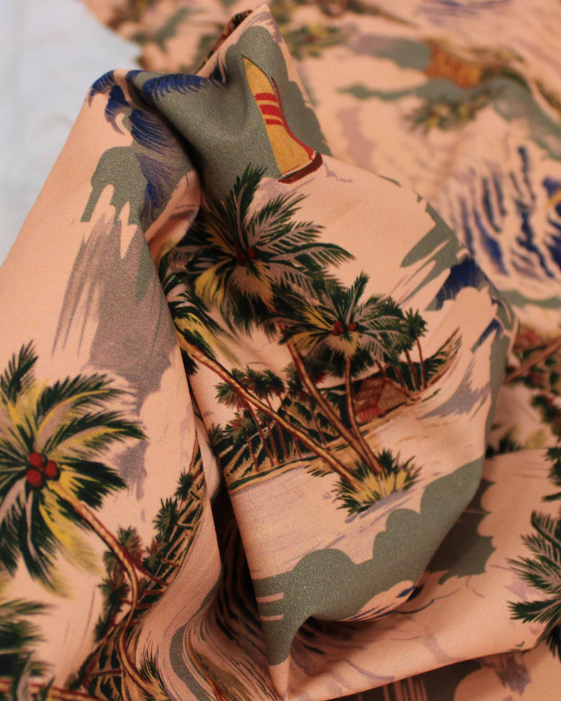 Tecido Sarja Italiano Ilhas Tropicais Colorido e Rosé