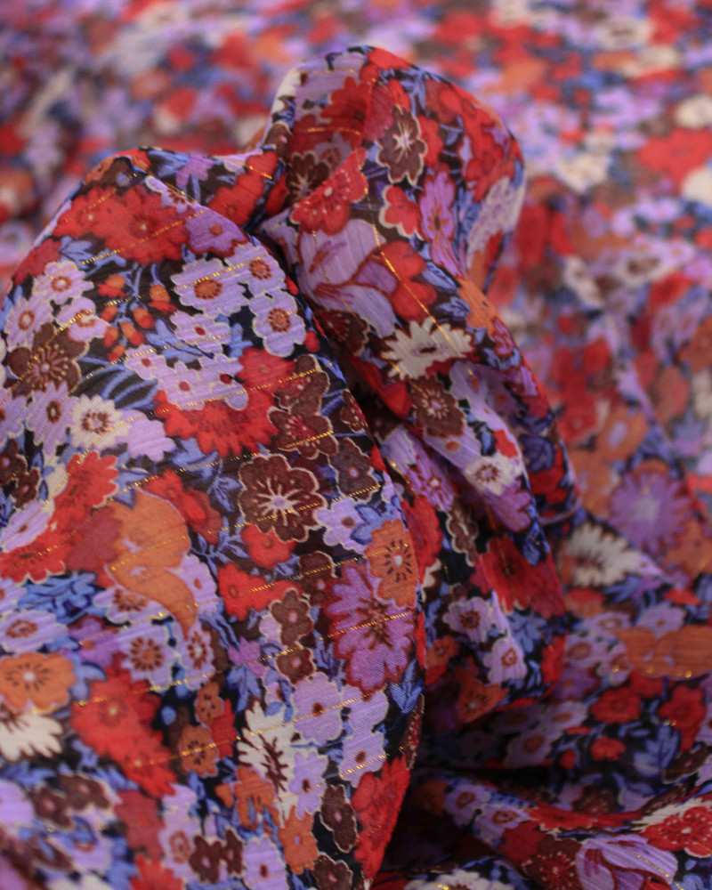 Tecido Crepe Chiffon Texturizado Italiano com Lurex Tapete Floral Colorido