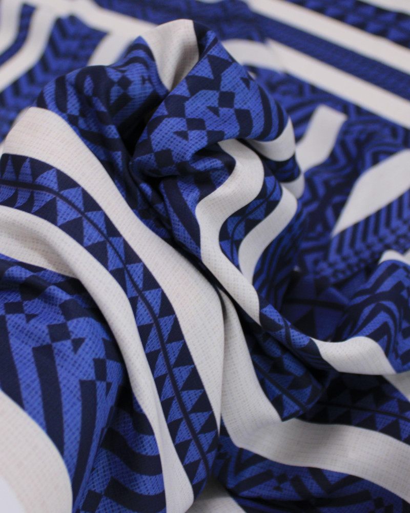 Tecido Crepe Silk Italiano Listras Estampadas Tons de Azul e Bege