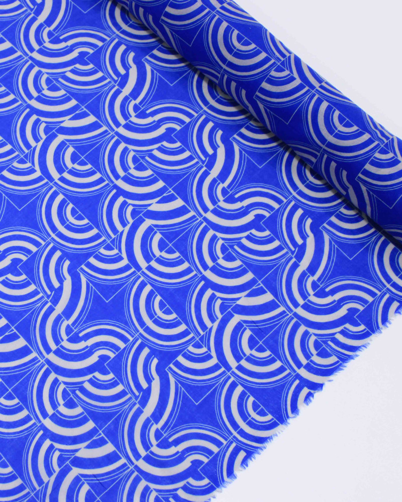 Tecido Cambraia de Algodão Italiano Estampa Multi Geométrica Cinza e Azul