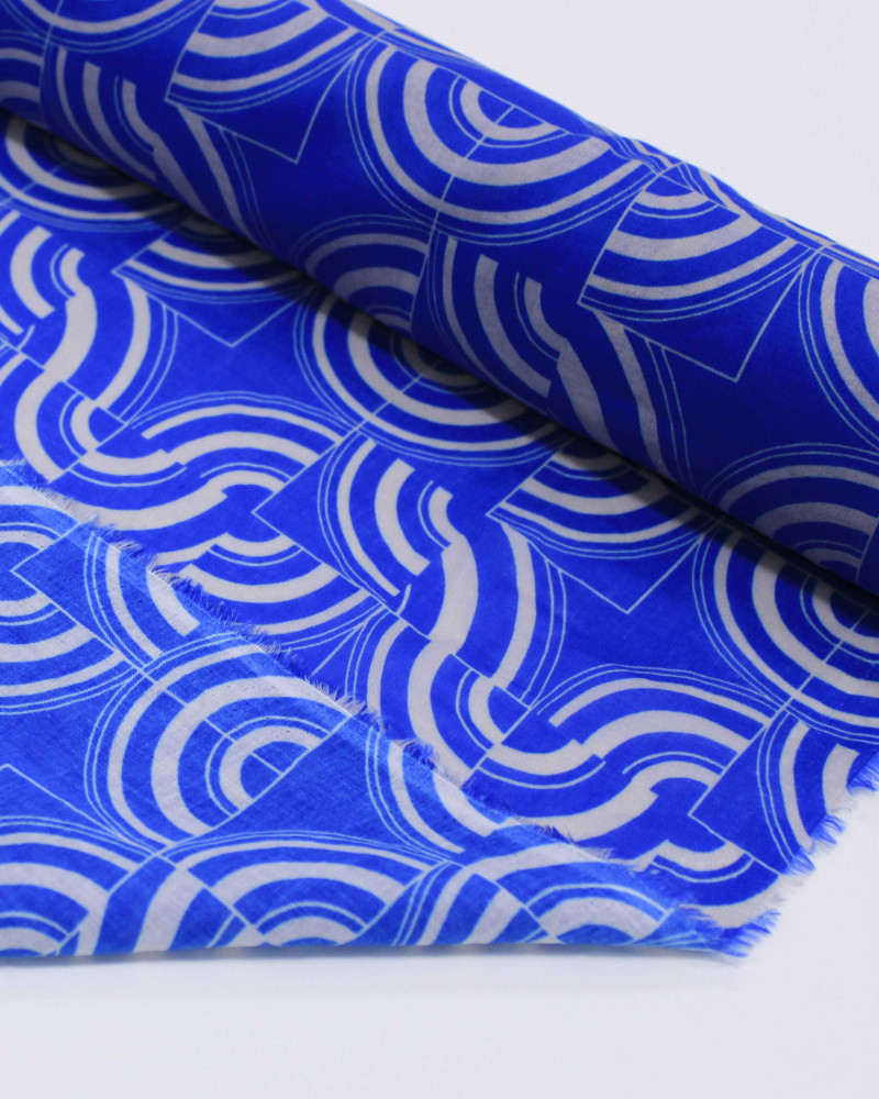 Tecido Cambraia de Algodão Italiano Estampa Multi Geométrica Cinza e Azul