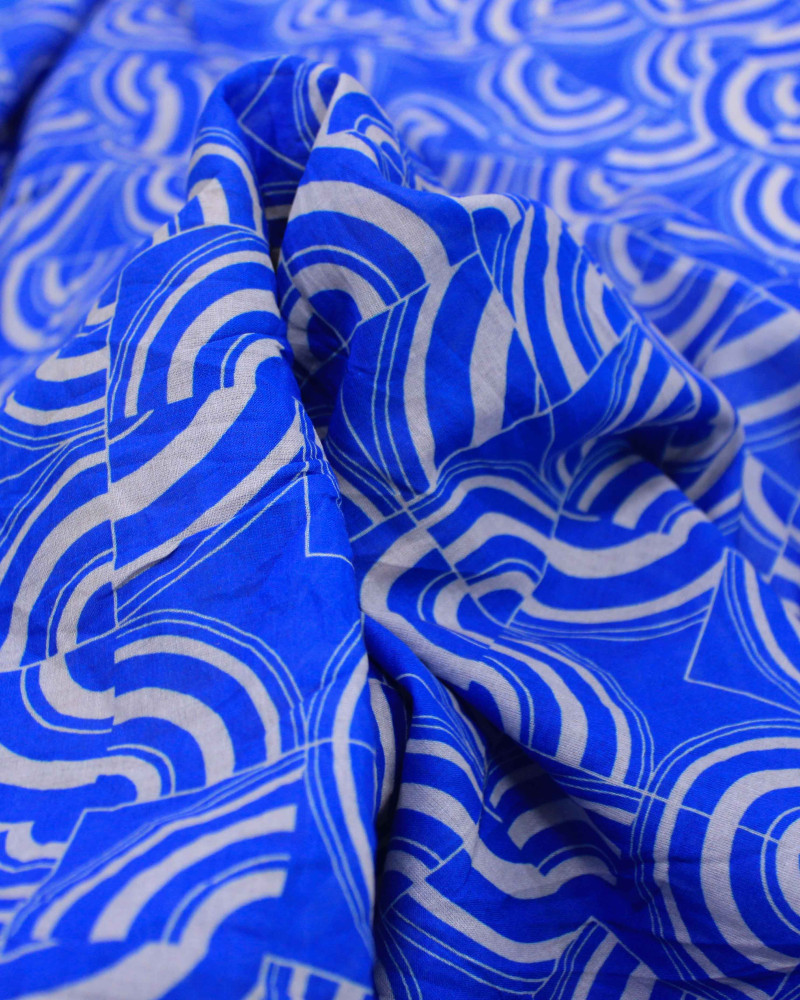 Tecido Cambraia de Algodão Italiano Estampa Multi Geométrica Cinza e Azul