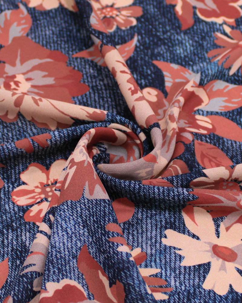 Tecido Crepe Koshibo Leve Ialiano Tapete Floral Rosa Chá, Terracota e Tons de Cinza