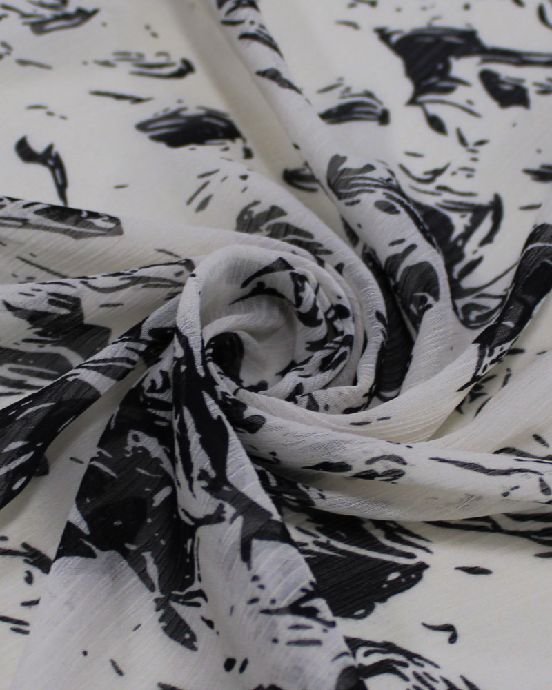 Tecido Crepe Chiffon Texturizado Italiano Estampa Abstrata Preto e Offwhite