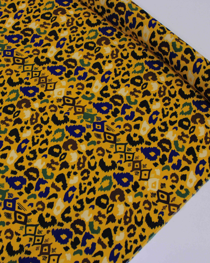 Tecido Crepe de Viscose Italiano Animal Print e Listras Verticais Colorido e Amarelo