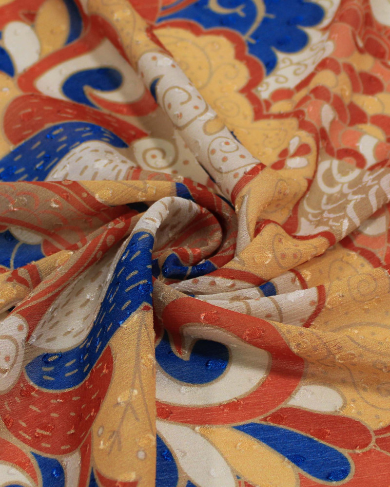 Tecido Crepe Chiffon Texturizado Brocado Multi Estampa Colorido