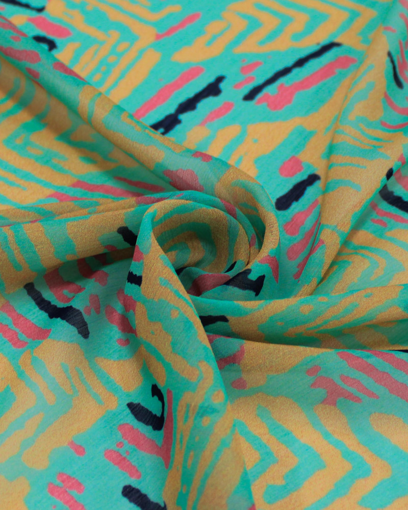 Tecido Crepe Chiffon Italiano Estampa Geométrica Abstrata Salmão, Rosa e Verde Água