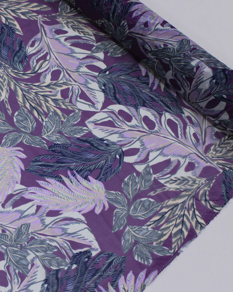 Tecido Crepe Chiffon Multi Folhas Cinza e Tons de Roxo