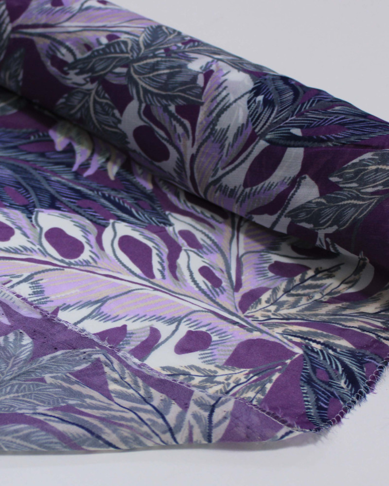 Tecido Crepe Chiffon Multi Folhas Cinza e Tons de Roxo